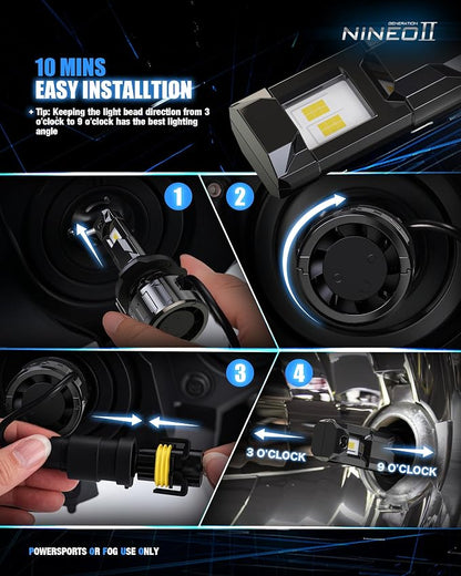 NINEO H13 Bulbs, H13/9008 Fog Lights, Upgrade 600% Brighter 6500K White, Fan-Cooled, No Flicker, Plug & Play, Driving or Fog Light, 2 Pack