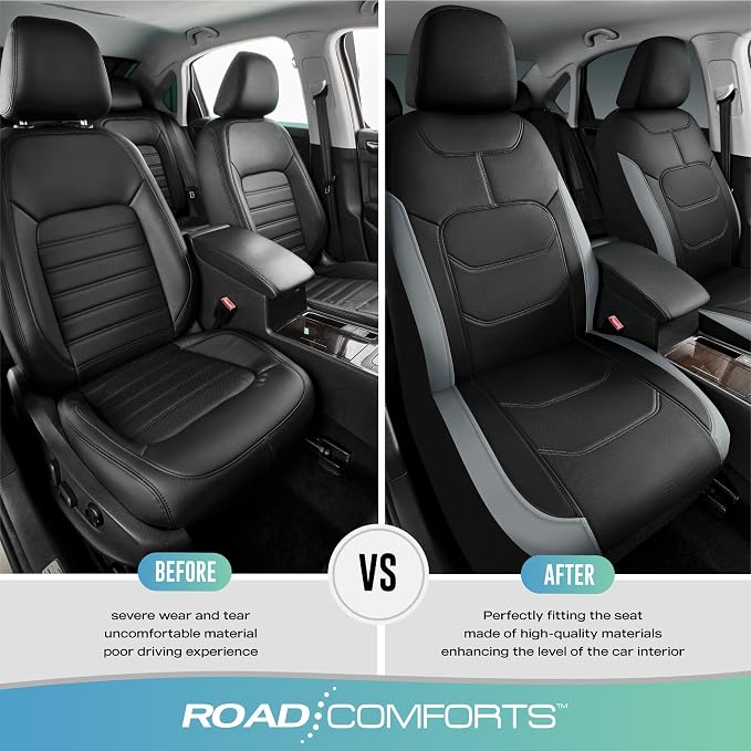Road Comforts Seat Covers, Premium Leather Car Seat Covers Front Seats,Airbag Compatible, Automotive Seat Covers Universal Fit Most Cars,Vans,Truck,SUV Gray