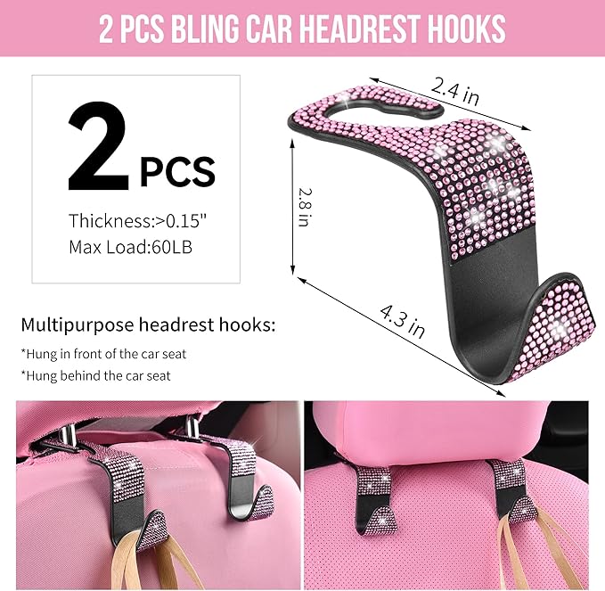 CAR PASS 11 PCS Bling Car Accessories Set for Women, Sparkly Rhinestone Diamond Steering Wheel Cover, Bling Seat Belt Cushion, Shift Knob Cover, Push Start Button Ring, Car Cup Holder Coaster, Pink
