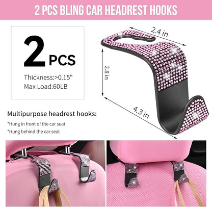 CAR PASS Bling Pink Car Accessories Set for Women, Sparkly Rhinestone Diamond Steering Wheel Cover Seat Belt Cushion Glitter Shift Knob Cover Car Cup Holder Coaster Cute Interior Sets, Pink 22 PCS