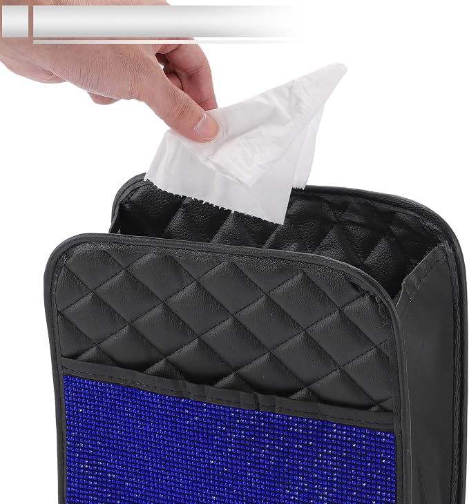 1 Pcs Universal Car Trash Can Hanging 10.2" Length 3.5" Width 10.2" Height Trash Bin Blue Black Faux Leather Rhinestone