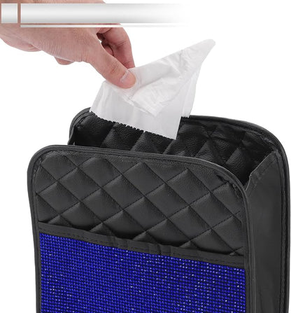 1 Pcs Universal Car Trash Can Hanging 10.2" Length 3.5" Width 10.2" Height Trash Bin Blue Black Faux Leather Rhinestone