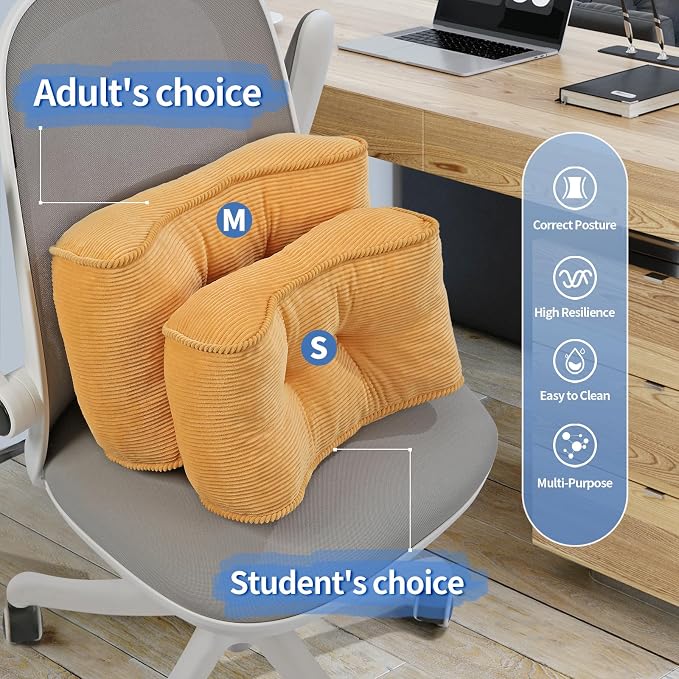 Lumbar Support Pillow for Study Desk Chair, Bite-Size Natural Latex Foam Back Support Pillow for Lower Back Pain Relief, Soft & Support Corduroy Office Chair Cushion, S, Yellow