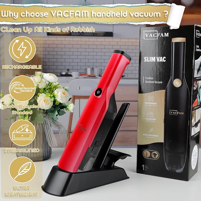 Handheld Vacuum Cordless,Dust Busters Cordless with Storage Dock,15KPA High Power Portable Vacuum Vordless,USB Quick Charge,Mini Vacuum with Multi-Nozzles & Washable Filter，Red