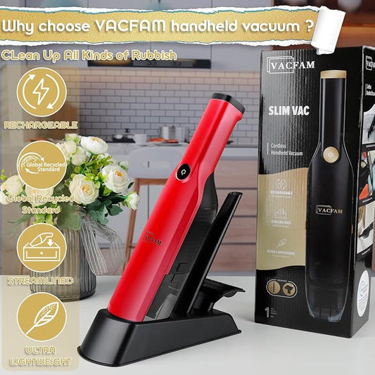 Handheld Vacuum Cordless,Dust Busters Cordless with Storage Dock,15KPA High Power Portable Vacuum Vordless,USB Quick Charge,Mini Vacuum with Multi-Nozzles & Washable Filter，Red