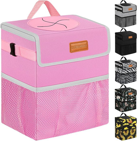 ELONGRIVER Car Trash Can for SUVs, Trucks, Vans - Pink, 2 Gallons Capacity, Leak-Proof Liner, Utility Clasps, Cute Design