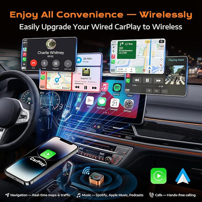 4-in-1 Wireless CarPlay Adapter with Screen Mirroring, Plug & Play No App | Watch Netflix/YouTube in Car, Android Auto AirPlay Mirror Link, Compatible with 800+ Cars iPhone Android, USB-A/C Input