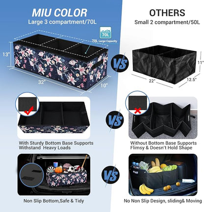 MIU COLOR Trunk Organizer for Car, Car Organizer, Sturdy Trunk Organizer for SUV, Non-Slip Bottom, Storage Organizer for Sedans, Van, Jeep, Grocery, Large 3 Compartments, Floral 32"×13"×10.6"