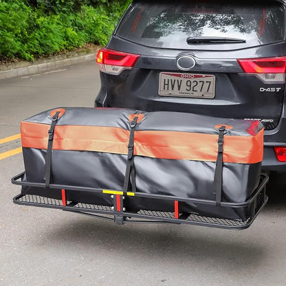 WEIZE Folding Hitch Mount Cargo Carrier 60" x 20" x 6", 500 lbs Capacity Hitch Cargo Rack with Waterproof Bag, Hitch Stabilizer,Net and Straps for SUV Pickup Camping Traveling