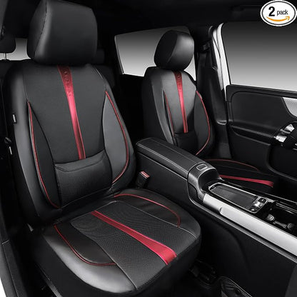 CAR PASS Nappa Leather Two Front Car Seat Covers, Water Resistant Faux PU Leather Seat Covers, 3D Foam Support Automotive Seat Covers Comfortable & Durable Universal Fit for Cars SUV Truck, Black Red