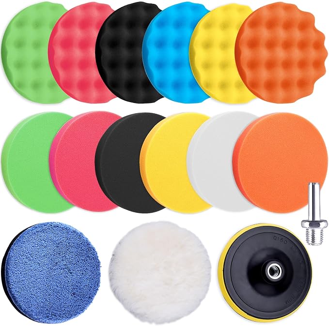 SIQUK 16 Pieces Buffing Pads 7 Inch Car Polishing Pad Kit Foam Polish Pads Wax Buffer Polisher Attachment for Drill