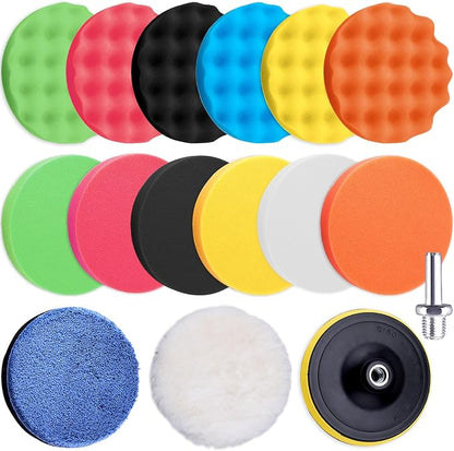 SIQUK 16 Pieces Buffing Pads 5 Inch Car Polishing Pad Kit Foam Polish Pads Wax Buffer Polisher Attachment for Drill