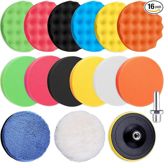 SIQUK 16 Pieces Buffing Pads 6 Inch Car Polishing Pad Kit Foam Polish Pads Wax Buffer Polisher Attachment for Drill