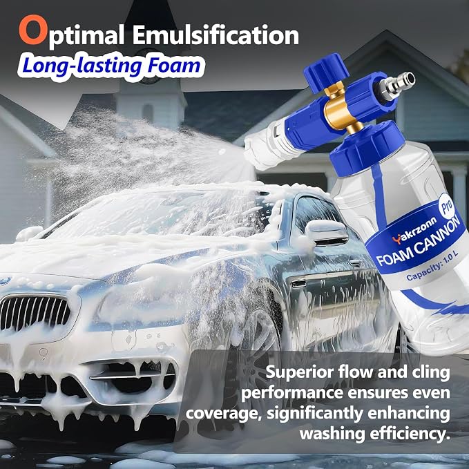 Foam Cannon for Pressure Washer, Professional Car Cannon Lance, 1L Wide Mouth Bottle, 1/4 Inch Quick Connector, 4000 PSI, 360 Rotatable Nozzle, Adjustable Thick Snow Foam, 1.2mm Orifice