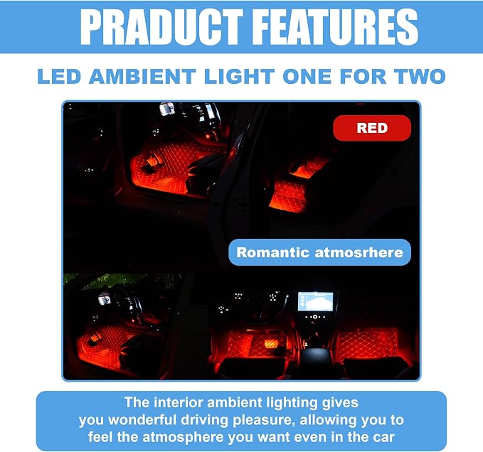 Car LED Strip Light, 24 LED RGB Neon Auto Interior Atmosphere Lights, 12V USB Port Under Dash Ambient Night Light, Universal Decorative Lamp Accessory for Car Truck (Red, USB)