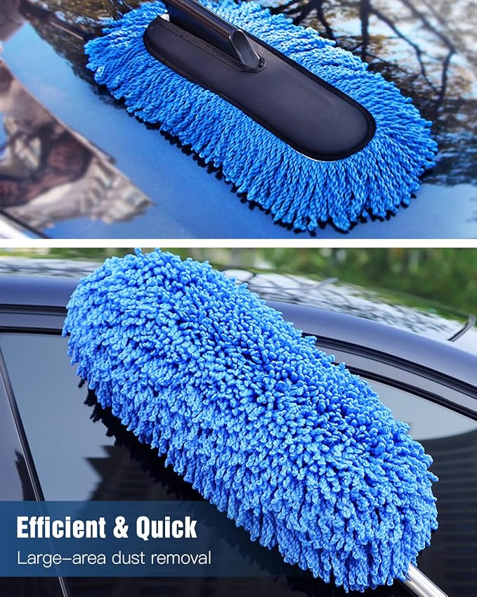 YeewayVeh Car Duster Exterior Scratch Free Microfiber Car Cleaning Brush, Extendable Handle Pollen and Dust Brush for Truck, SUV, Vehicles and Home Cleaning, Blue