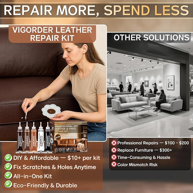 Vigorder Brown Leather Repair Kit for Furniture, Leather Couch Repair Kit for Furniture, Sofa, Jacket, Purse – Super Easy Instructions to Fix Scratches, Tears, Holes, and Peeling