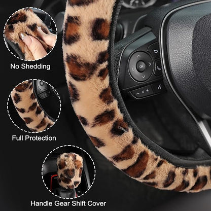 SEG Direct Furry Car Steering Wheel Cover with Gear Shift Cover, Soft and Warm, Cute Fluffy Auto Decor for Women Men, Standard Size, 2 PCS Set, Brown Leopard