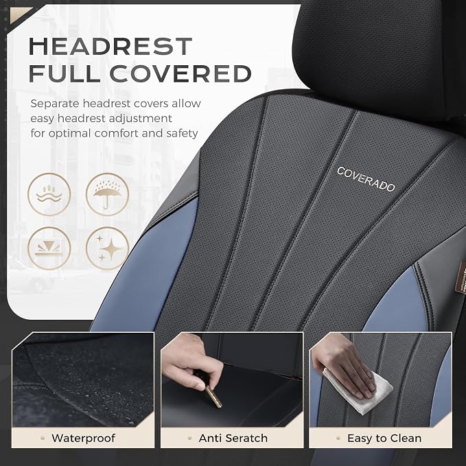 Coverado Car Seat Covers， 2 Front Seats Waterproof Nappa Leather Automotive Seat Protectors, Front Luxury Mesh Seat Covers, All-Weather Universal Fit for Most Cars SUVs, Trucks,Blue&Black