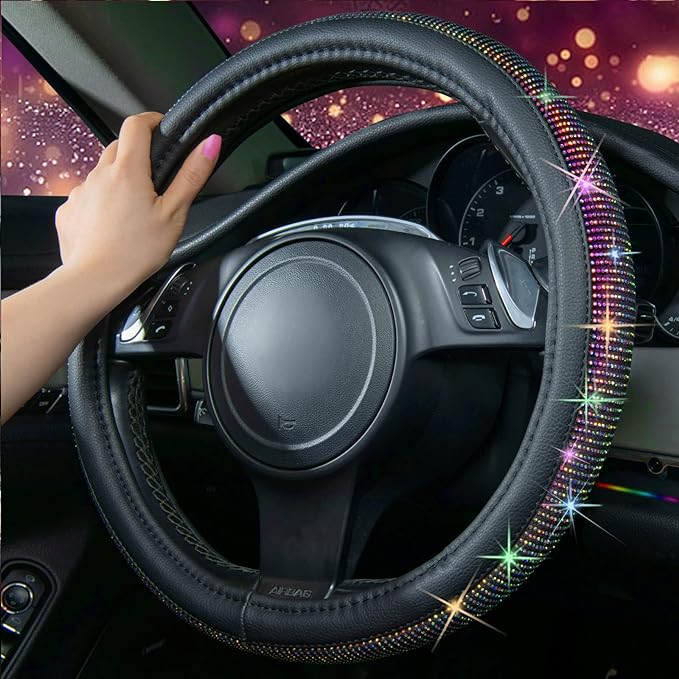 CAR PASS Diamond Leather Steering Wheel Cover, with Bling Crystal Rhinestones Fit Suvs,Vans,Sedans,Cars,Trucks Universal Fit 14.5-15inch Crystal Glitter for Women Sparkle Girl, Multicolor Diamond