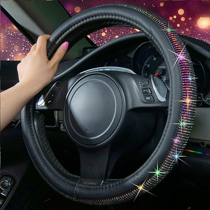 CAR PASS Diamond Leather Steering Wheel Cover, with Bling Crystal Rhinestones Fit Suvs,Vans,Sedans,Cars,Trucks Universal Fit 14.5-15inch Crystal Glitter for Women Sparkle Girl, Multicolor Diamond