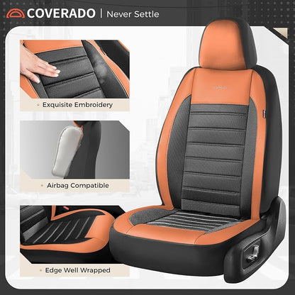 Coverado Car Seat Covers Front Seat, Luxury Leather Car Seat Protector, Automotive Front Mesh Seat Covers, Orange&Black Seat Cushion for SUV Sedan Truck