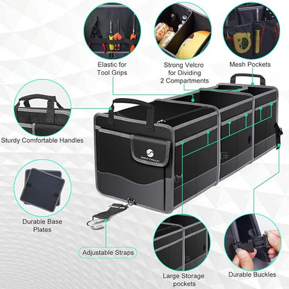 Trunk Organizer with Cooler, Collapsible Trunk Storage Container with Non Slip Bottom Strips, Large Multi-Compartment Waterproof Car Trunk Organizer Groceries for Vehicle Sedan, Suv, Truck,Van(Black)