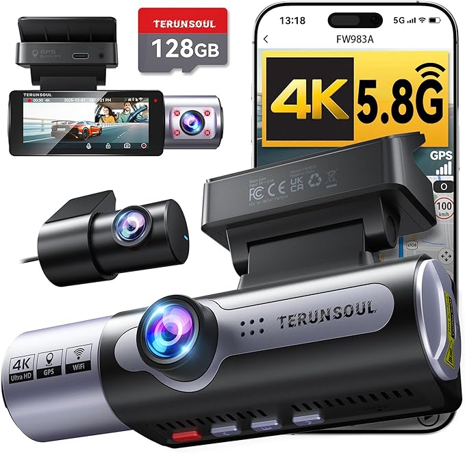 4K Dash Cam Front and Rear, Full HD 3 Channel Dashcam, Free 128GB Memory Card, Built-in 5.8GHz WiFi Built-in GPS, Collision Sensor, Night Vision, 3.16" IPS, 24H Parking Mode（Black）