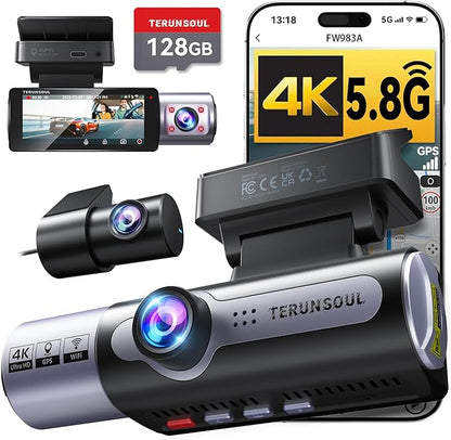 4K Dash Cam Front and Rear, Full HD 3 Channel Dashcam, Free 128GB Memory Card, Built-in 5.8GHz WiFi Built-in GPS, Collision Sensor, Night Vision, 3.16" IPS, 24H Parking Mode（Black）