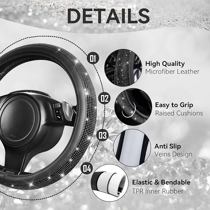 CAR PASS 23 PCS Bling Diamond Car Accessories Set for Women, Leather Seat Covers Full Set Floor Mats Steering Wheel Cover, Coasters Seat Belt Covers Phone Holder Universal Fit Car SUV Truck Van Black