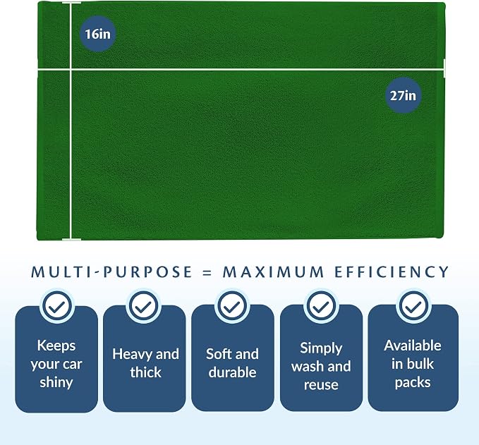 Cotton Towels for Multiple Use, 100% Ring Spun Cotton Towel Set, Heavy Duty - Super Absorbent Cleaning Towels for Car and Home - 16” X 27” (12 Pack, Green)