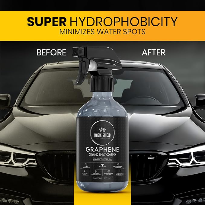 Magic Shield Graphene Ceramic Spray Coating - LAST SO LONG! Quick & Easy for Cars, Motorcycles, Boats & More - Professional-Grade Sealant for Maximum Gloss & Shine - Waterless Wash & Wax - 9oz Bottle