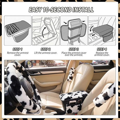 5 Pcs Fuzzy Animal Print Car Accessories Set, Soft Fluffy Plush Steering Wheel Cover, Center Console Armrest Pad & Rearview Mirror Cover - Interior Decorations for Women,Universal Fit (Cow Print)