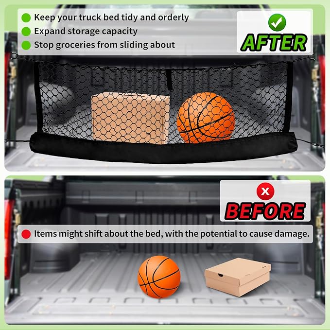 Truck Bed Cargo Net, Universal Fit for Ford F150, Chevy Silverado, GMC Sierra, Heavy Duty Storage Net with Bag