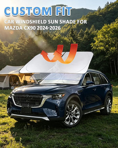 Windshield Sun Shade for 2024 2025 2026 Mazda CX-90 CX90 PHEV, Custom-Fit CX90 Sun Visor Protector, 99% UV Block Heat Sun Shield, Silver Reflective Front Window Sunshade