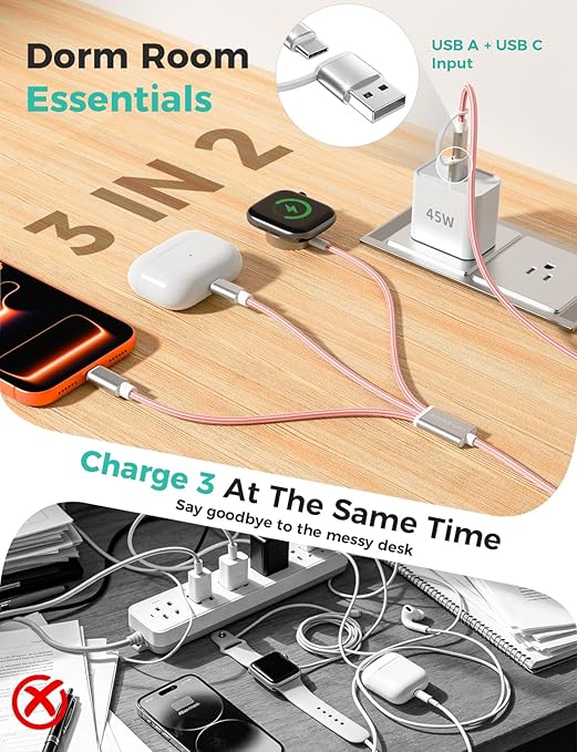 2Pack Travel Essentials for Apple Watch Charger,Cruise Vacation Camping Essentials,iPhone Charger,Multi Charging Cable,3 in 2 Charging Docks for iWatch Series 11-2/Ultra,iPhone 17-12,Car,Pink