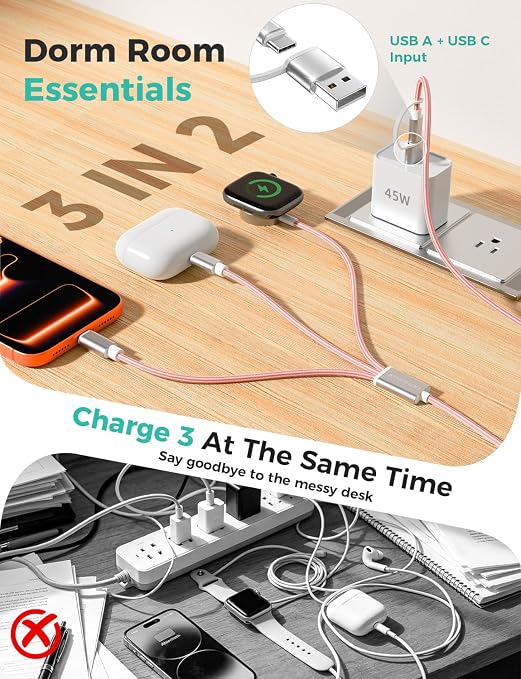 Travel Essentials,3 in 2 USB C Cable for Apple Watch Charger,iPhone Charger,Multi Charging Cable,Cruise Vacation Camping Essentials,Portable for iWatch Series 11-2/Ultra/SE & iPhone 17-12,Car,Pink