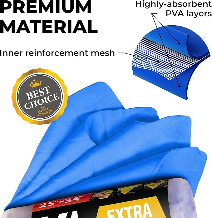 Premium XL Shammy Towel for Car - (34”x25”) - Super Absorbent Chamois Cloth - Spots and Scratch-Free - Reusable Car Drying Towels