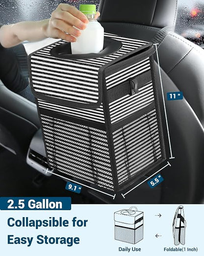 Capolo Car Trash Can with Lid, Leakproof Car Trash Bag Hanging Waterproof Automotive Garbage Can with Storage Pockets Mini Vehicle Trash Bin for Back/Front Seat(Stripe,2.5 Gallon)
