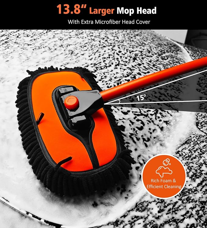 YeewayVeh Car Wash Brush, 43" Extendable Car Wash Brush Mop with Long Handle, 15 Degree Curved Soft Car Washing Brushes with Extra Microfiber Brush Head for Truck SUV Cleaning, Orange