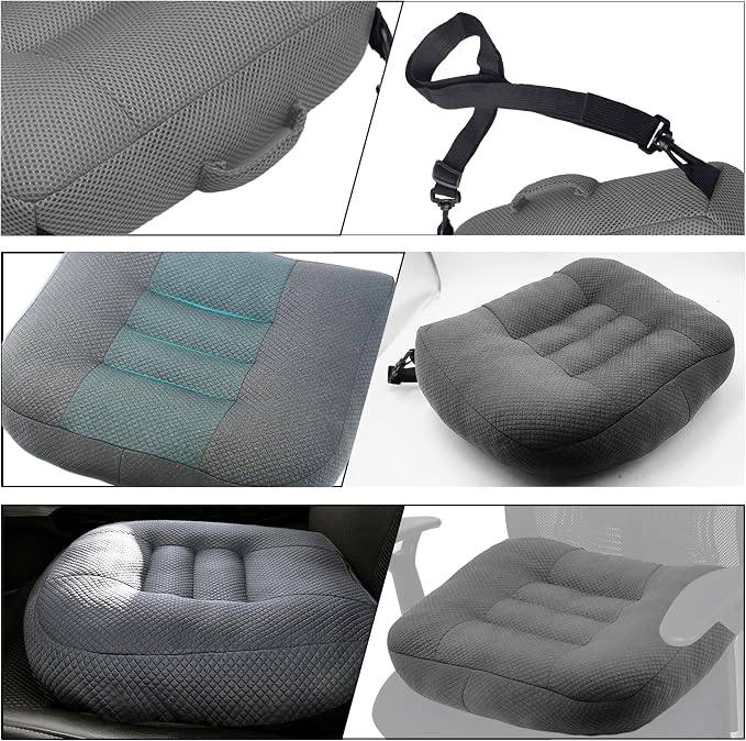 Universal Booster Seat Cushion with Adjustable Height, Breathable Mesh Portable Design with Straps, Improve Vision Improve Sitting Posture Stress Relief Driving Office Family Outdoor - Gray