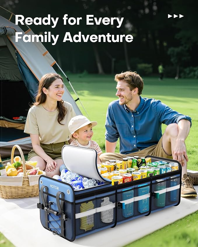 HOTOR Trunk Organizer - 3-Compartment Car Organizer and Storage with Cooler Bag, Foldable Car Storage Organizer for SUV with Handles & Strap for Shopping, Picnic, 33.1" x 13.0" x 11.8", Blue
