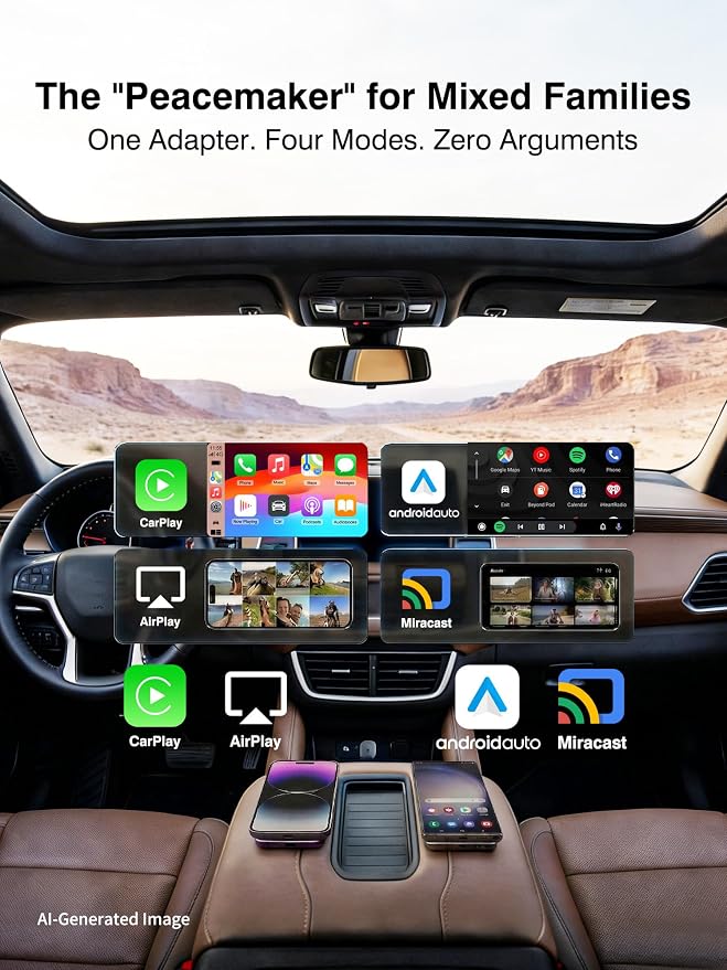 4-in-1 Wireless CarPlay & Android Auto Adapter – AirPlay & Miracast Media Hub – Seamless for Mixed Families – 5.8GHz Low-Latency & Auto-Connect – Factory Wired Cars Only (Orange)