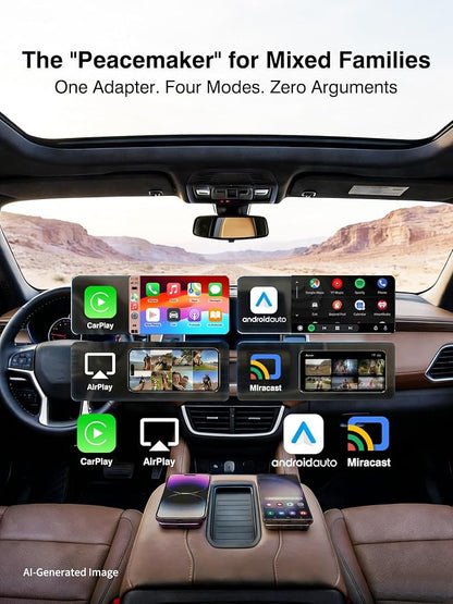 4-in-1 Wireless CarPlay & Android Auto Adapter – AirPlay & Miracast Media Hub – Seamless for Mixed Families – 5.8GHz Low-Latency & Auto-Connect – Factory Wired Cars Only (Orange)