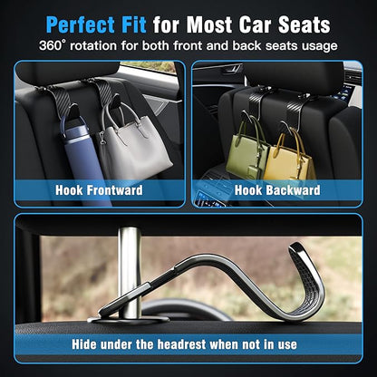 Amooca 4-Pack Car Headrest Hooks Vehicle Storage Organizer for Purses Handbags Groceries Coats –Holds 55lbs 360° Rotating Simple Design Black Checkered