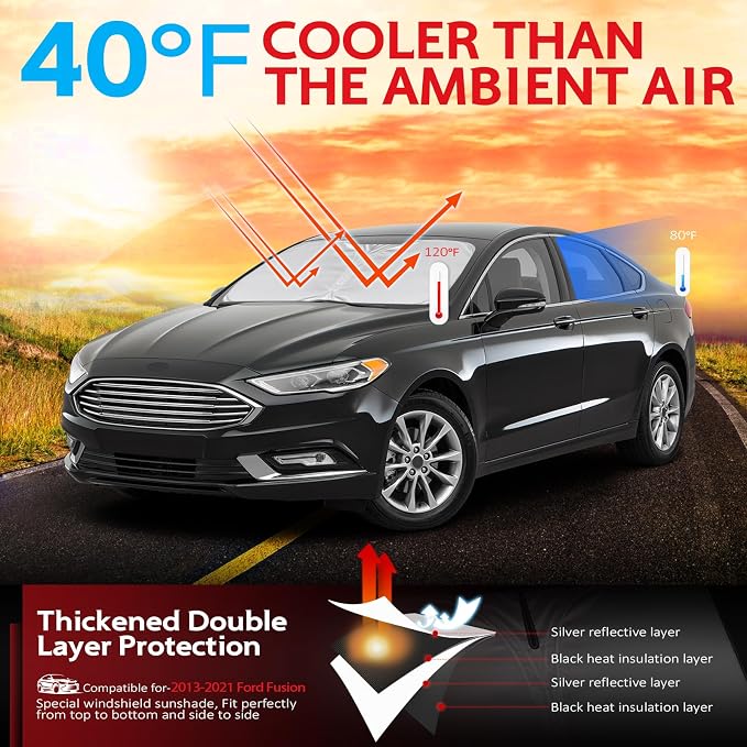 KAYZT Windshield Sun Shade for 2013-2021 Ford Fusion Foldable Sunshade Front Window Custom Fit Car Accessories