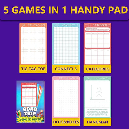 Road Trip Game Pad, 5 in 1 Travel Games Set for Kids | Tic-Tac-Toe, Hangman, Dots and Boxes, Categories, Connect 5, 80 Sheets Activity Pad