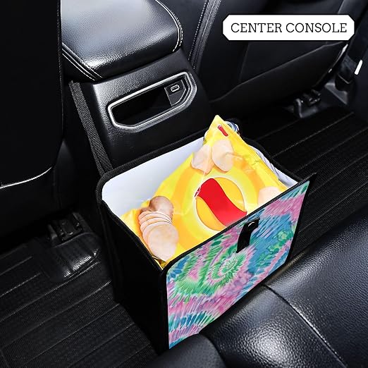 Car Trash Can Organizer Bin with Adjustable Strap for Back Front Seat Console Waterproof Leakproof Collapsible Portable 8.66 Inch Tie Dye Blue Green Pink
