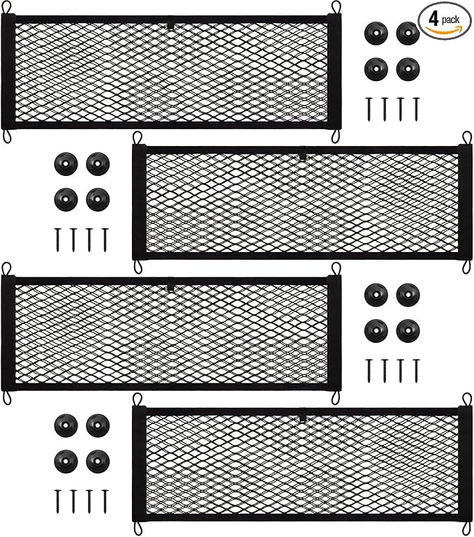 Frienda 4 Pcs Stretchable Small Cargo Net Pocket Boat Storage Mesh Net Elastic Automotive Storage Pouch with Mounting Screws and Hooks for Truck Car SUV Boats (29 x 9.8 Inches)