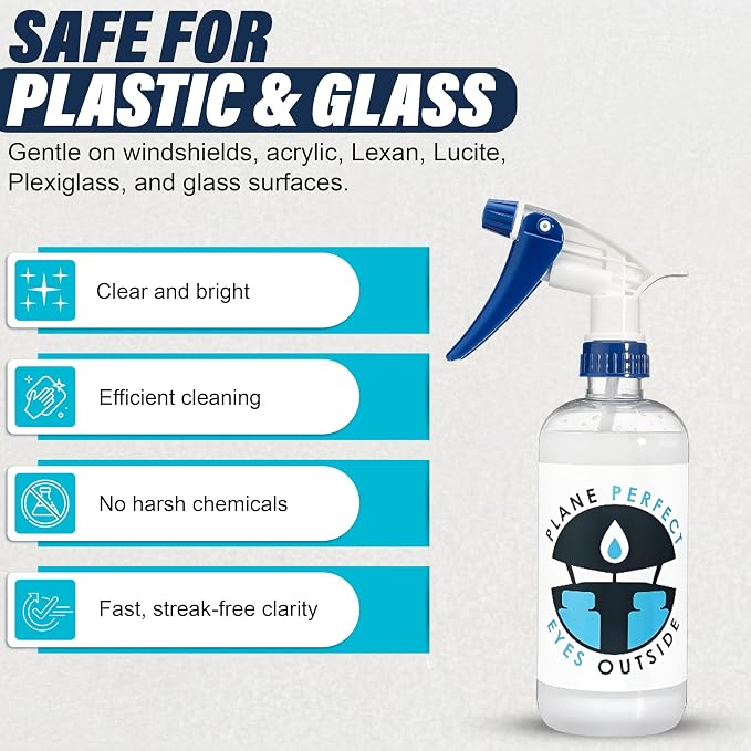 Plane Perfect Eyes Outside Windshield Cleaner - Aviation & Multi Surface Glass, Plastic, Plexiglass - Streak Free, Non Abrasive, Reduces Fog, UV Safe for Airplanes, Cars, Boats & LCD Screens | 16 Oz